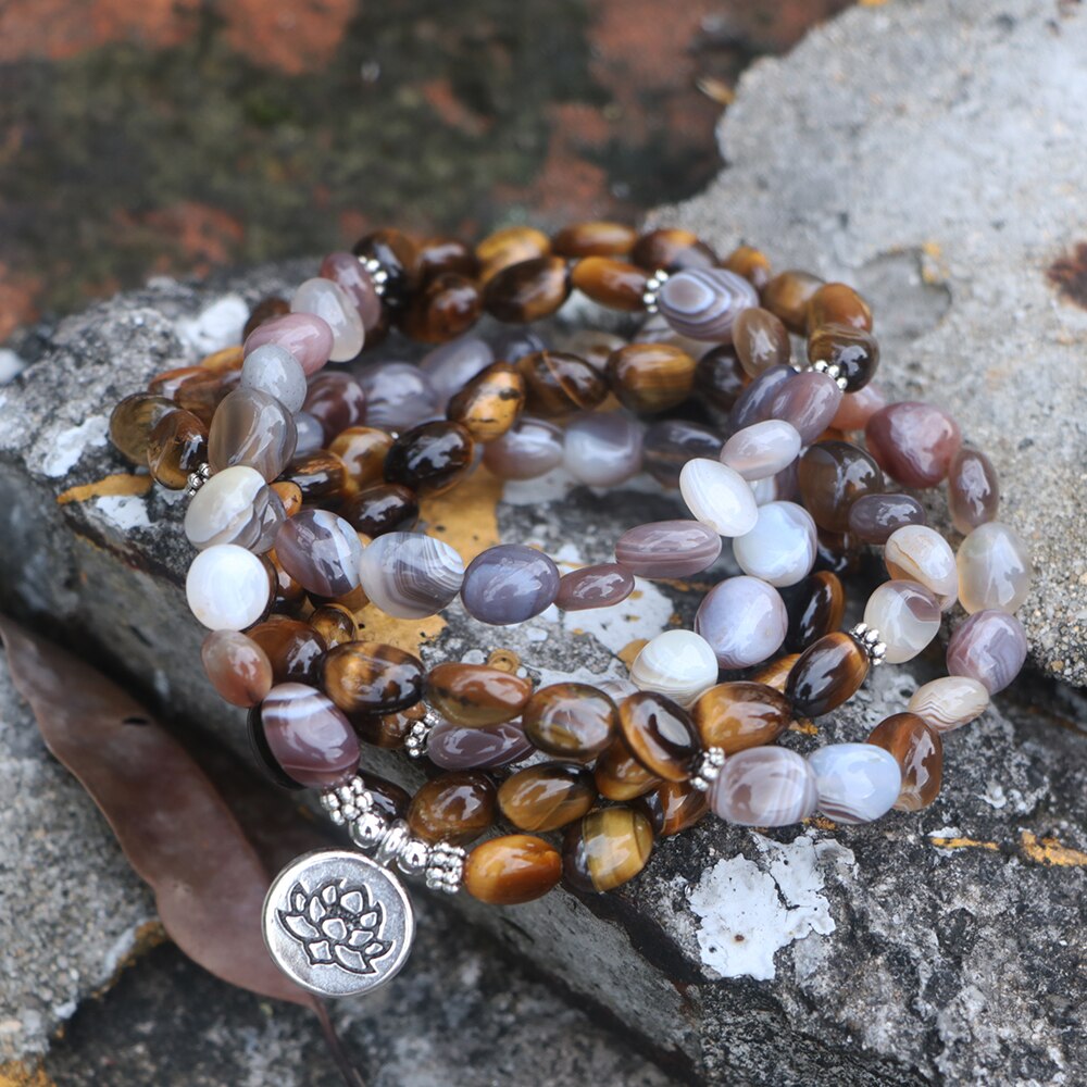 Natural Tiger's Eye & Persian Gulf Agate 108 Beads Mala Necklace Wrap Bracelet