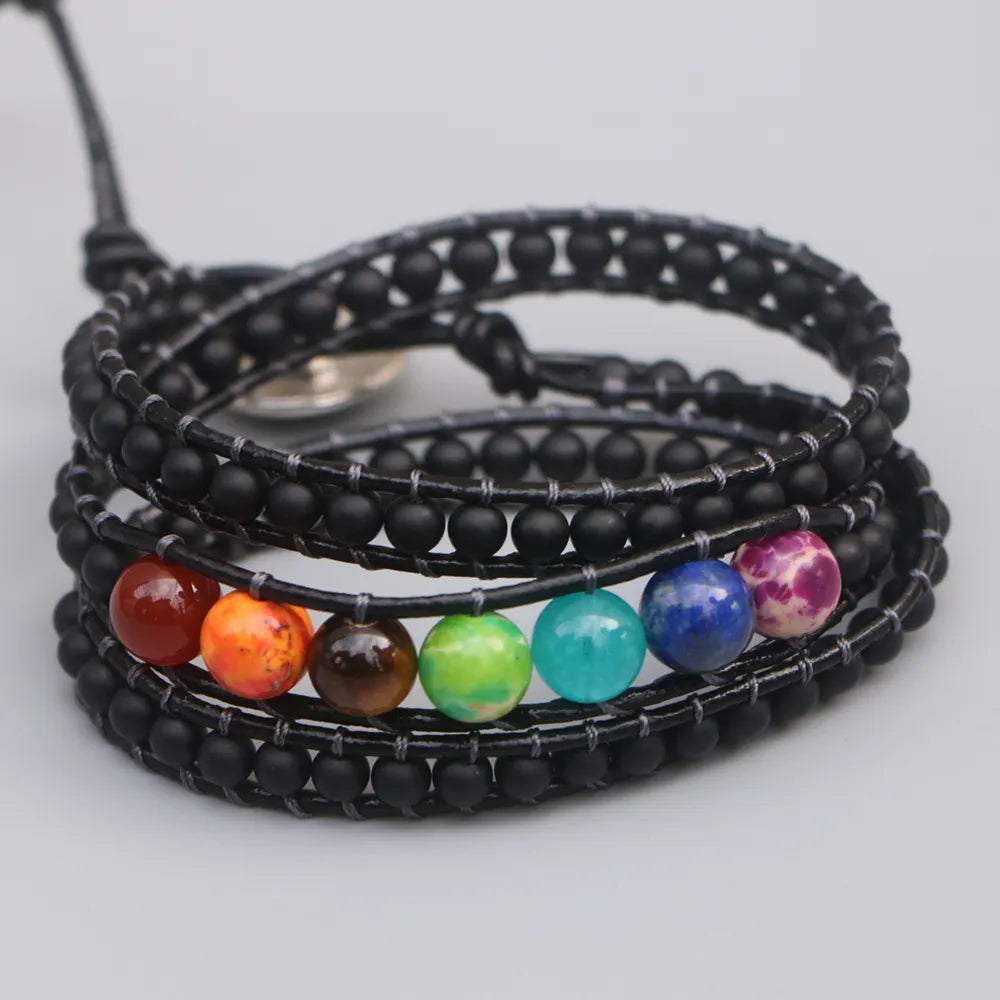 Natural 7 Chakras Stones, Howlite, Labradorite & Onyx Wrap Bracelet