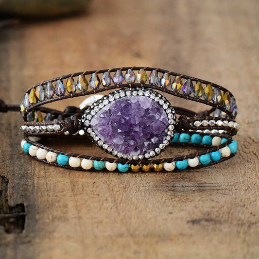 Natural Amethyst Druzy & Mixed Stones Wrap Bracelet