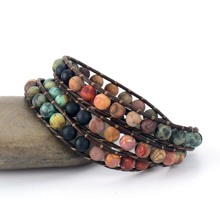 Natural Jasper, African Turquoise & Onyx Wrap Bracelets