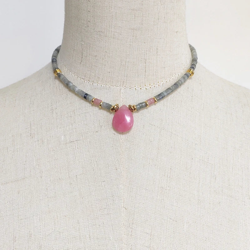 Natural Labradorite & Pink Agate Boho Choker Necklace