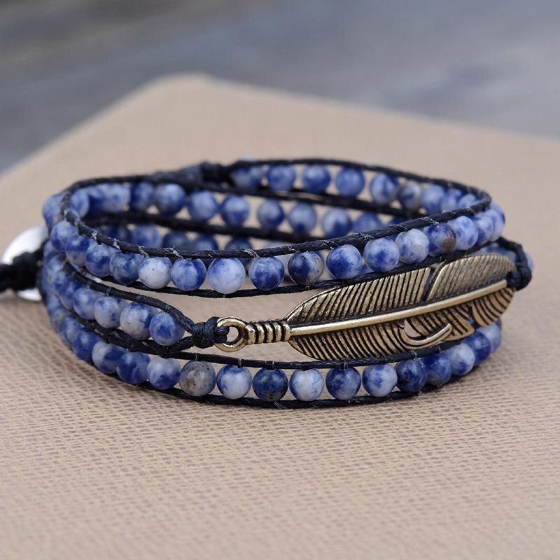 Natural Turquoise / Sodalite Antique Golden Feather Wrap Bracelet