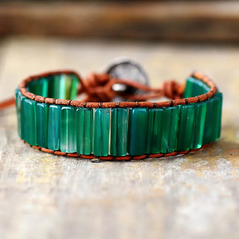 Natural Green Onyx Leather Cuff Wrap Bracelet