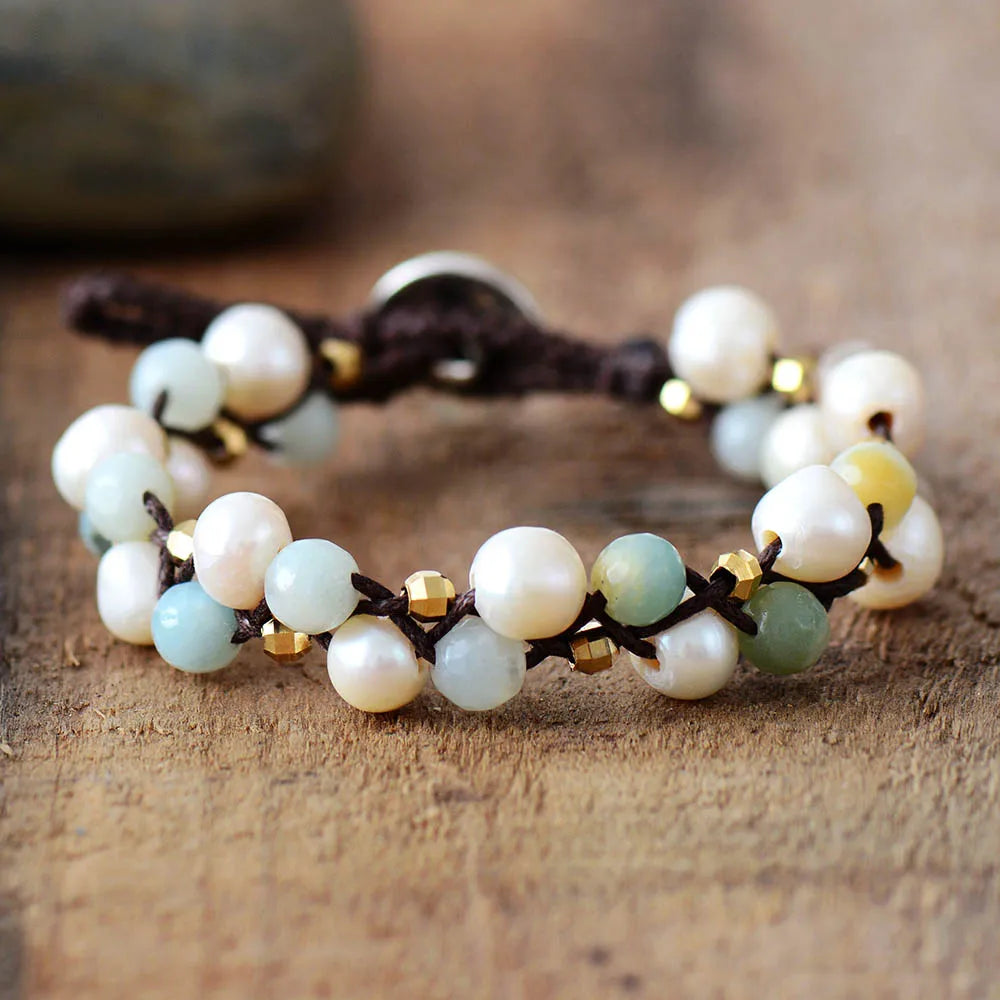 Natural Freshwater Pearls & Amazonite Wrap Bracelet