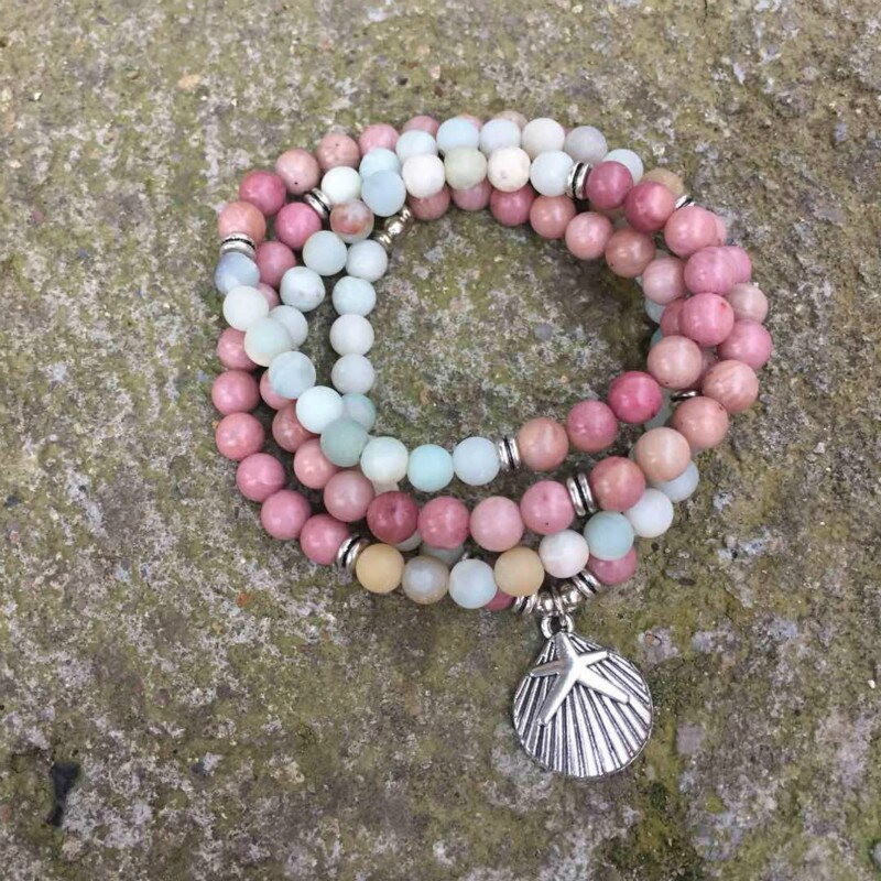 Natural Amazonite & Rhodonite 108 Beads Mala Necklace Wrap Bracelet