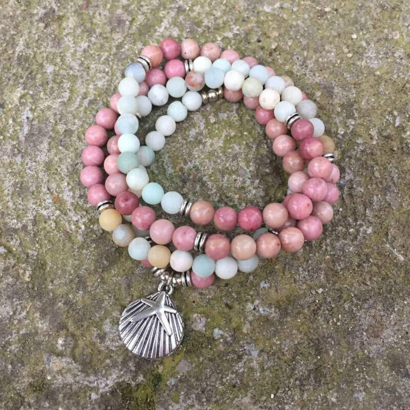 Natural Amazonite & Rhodonite 108 Beads Mala Necklace Wrap Bracelet