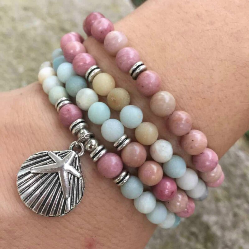 Natural Amazonite & Rhodonite 108 Beads Mala Necklace Wrap Bracelet