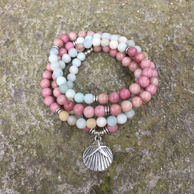 Natural Amazonite & Rhodonite 108 Beads Mala Necklace Wrap Bracelet