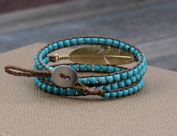 Natural Turquoise / Sodalite Antique Golden Feather Wrap Bracelet