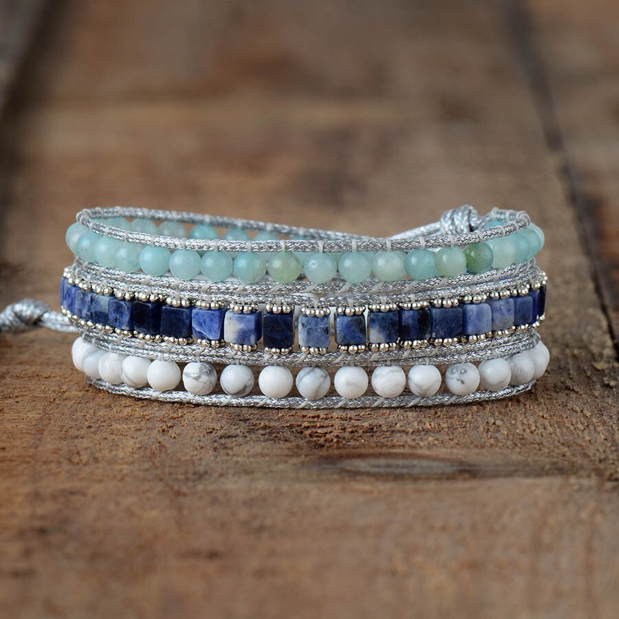 Natural Amazonite, Howlite & Sodalite Vegan Wrap Bracelet