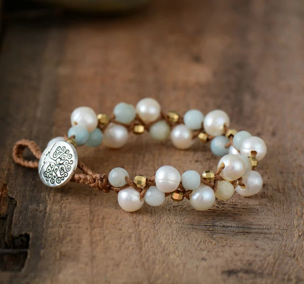 Natural Freshwater Pearls & Amazonite Wrap Bracelet