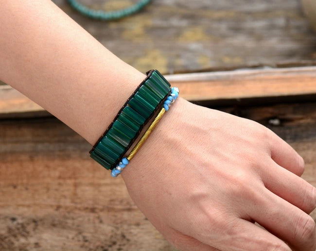 Natural Green Onyx Leather Cuff Wrap Bracelet