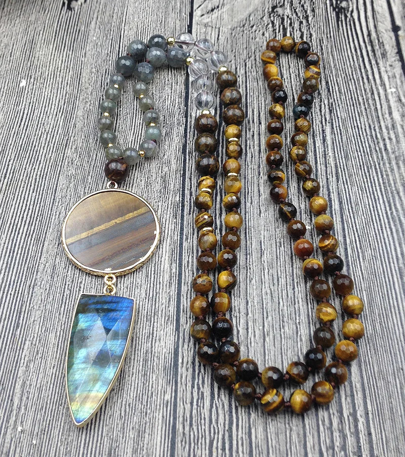 Natural Labradorite, Clear Quartz & Tiger’s Eye Boho Necklace