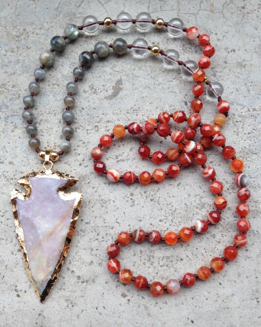 Natural Agate, Clear Quartz, Tiger's Eye, Labradorite & Jasper Arrowhead Pendant Necklace