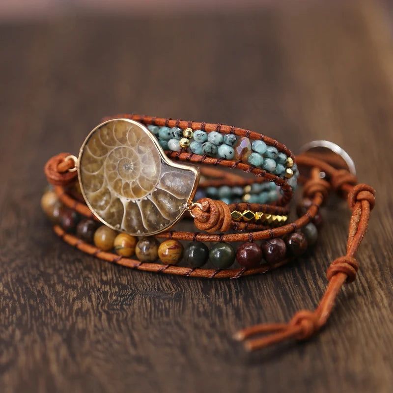 Natural Ammonite Fossil & Mixed Jasper Wrap Bracelet