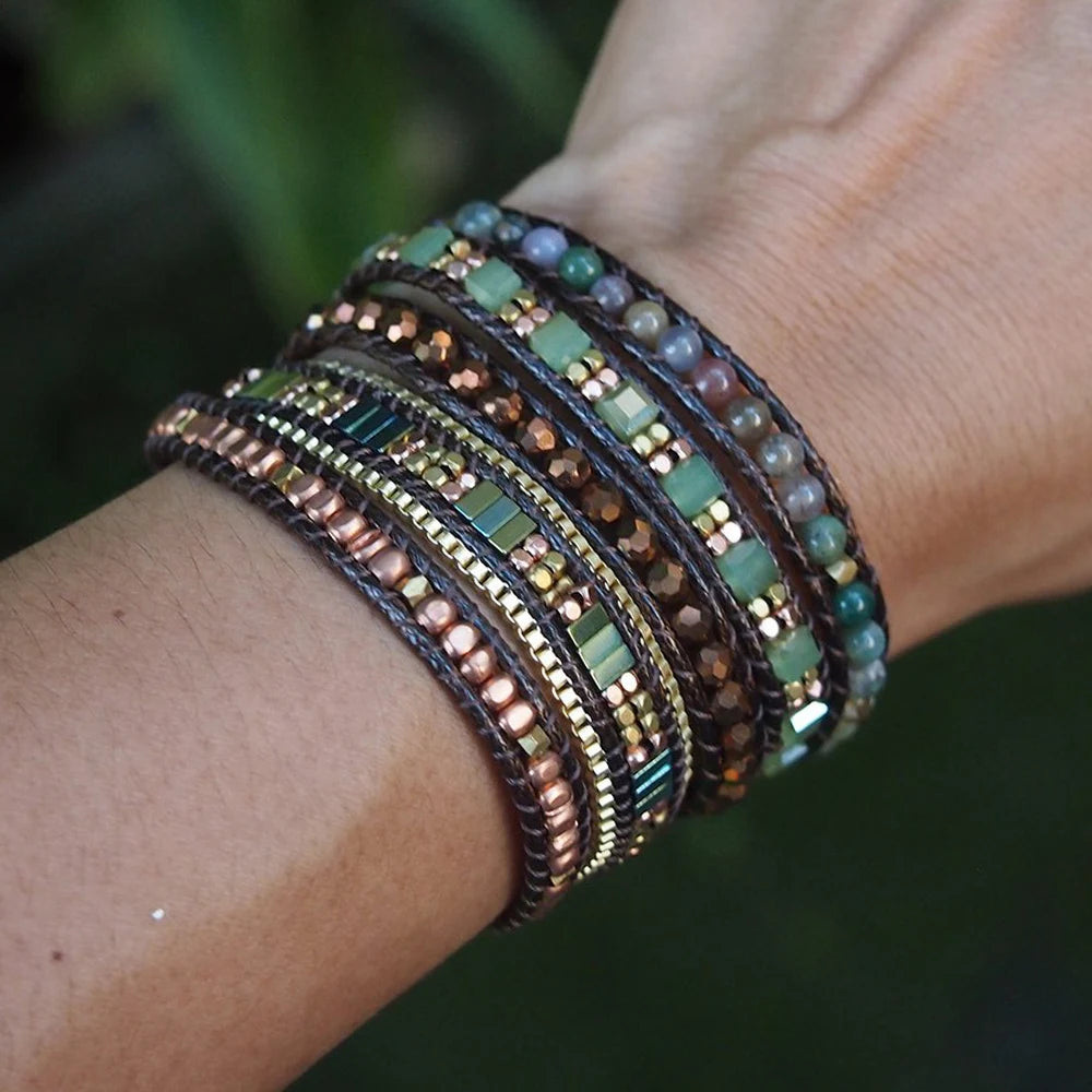 Natural Indian Agate, Copper & Brass Beads Vegan Wrap Bracelet