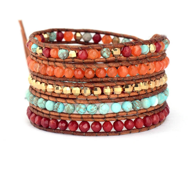 Natural Turquoise, Onyx & Brass Beads Leather Wrap Bracelet