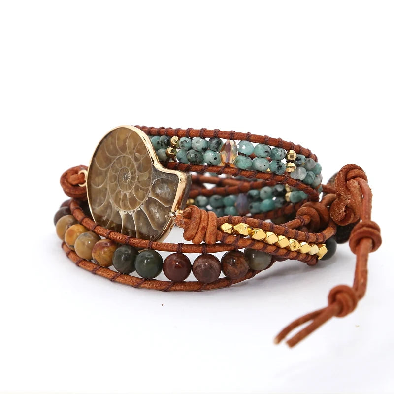 Natural Ammonite Fossil & Mixed Jasper Wrap Bracelet