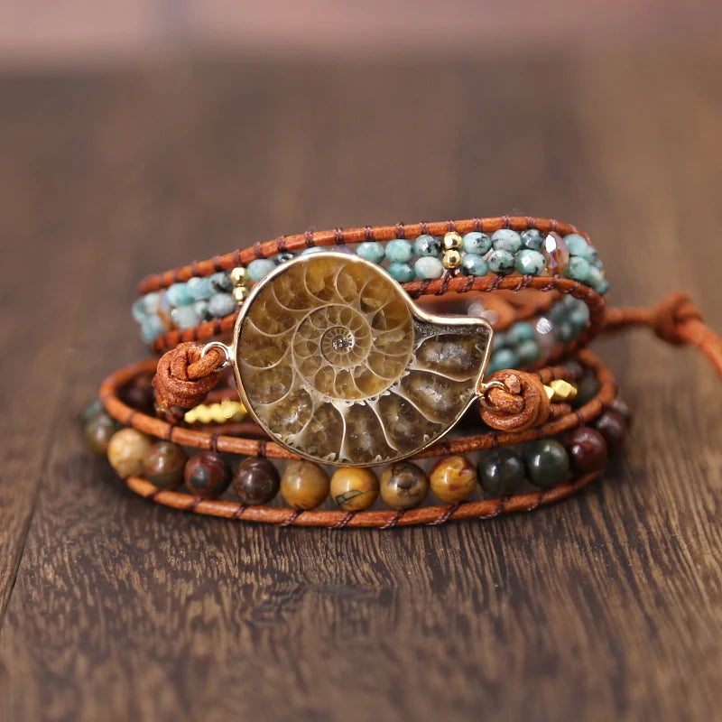 Natural Ammonite Fossil & Mixed Jasper Wrap Bracelet