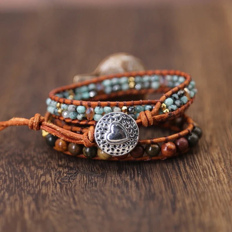 Natural Ammonite Fossil & Mixed Jasper Wrap Bracelet