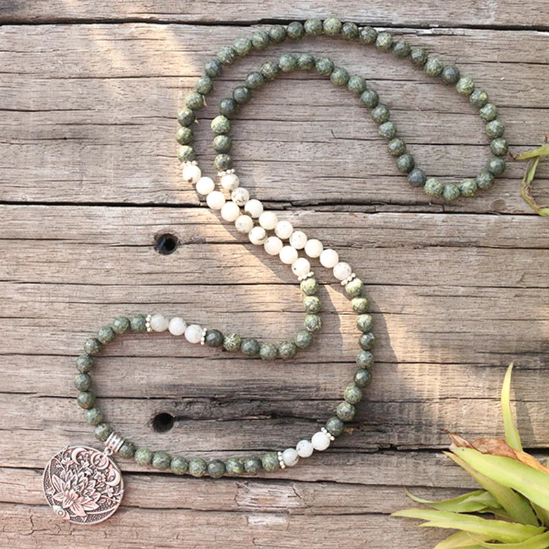 Natural Green Zebra Jasper & Labradorite 108 Beads Mala