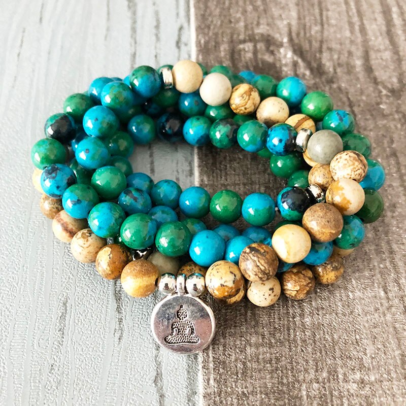 Natural Chrysocolla & Jasper 108 Beads Mala Necklace Wrap Bracelet
