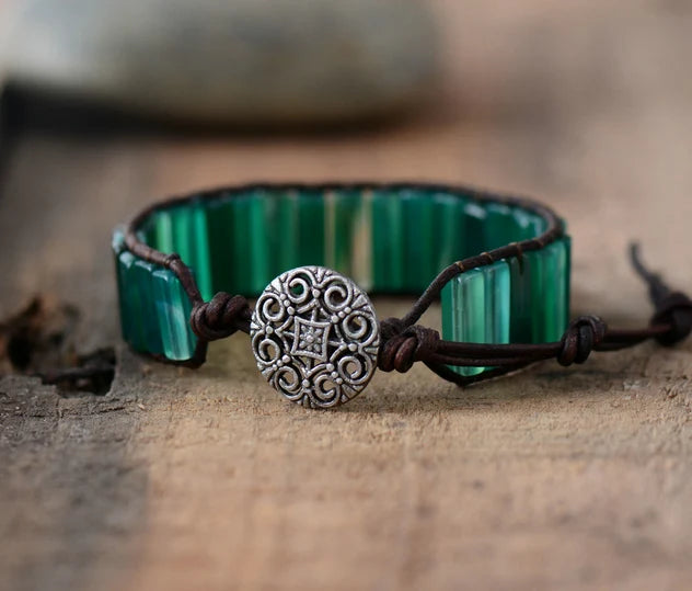 Natural Green Onyx Leather Cuff Wrap Bracelet