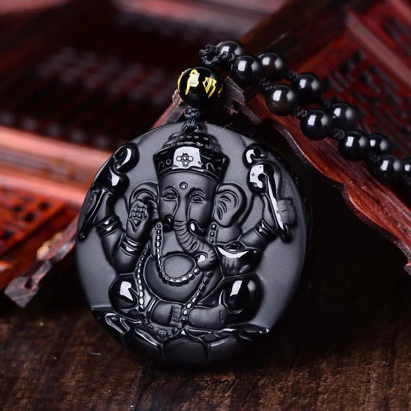 Natural Obsidian Carved Ganesh Hindu Elephant God Necklace