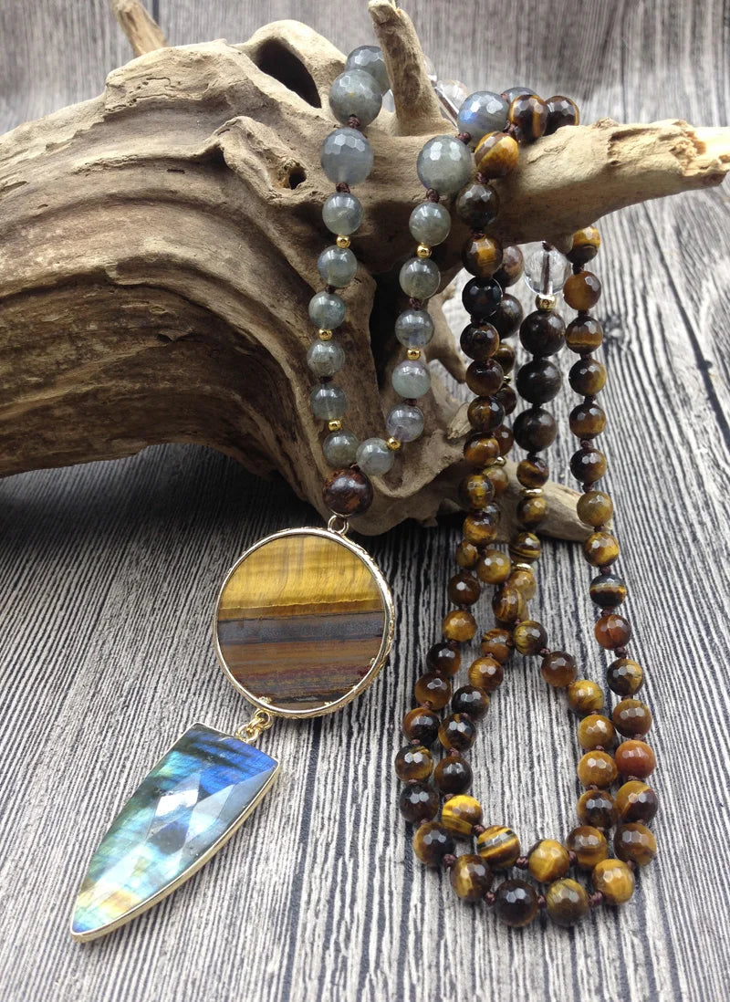Natural Labradorite, Clear Quartz & Tiger’s Eye Boho Necklace