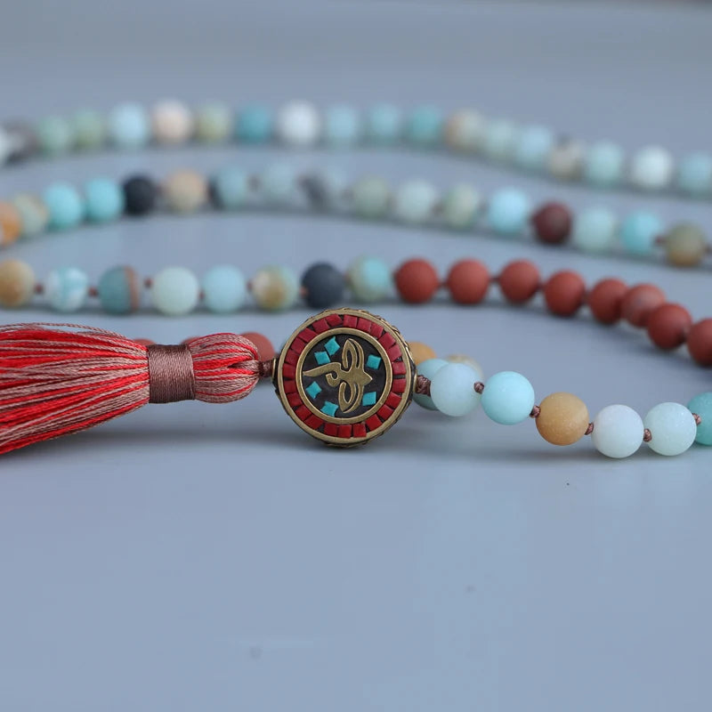 Natural Matte Amazonite & Red Jasper Nepalese 108 Beads Mala
