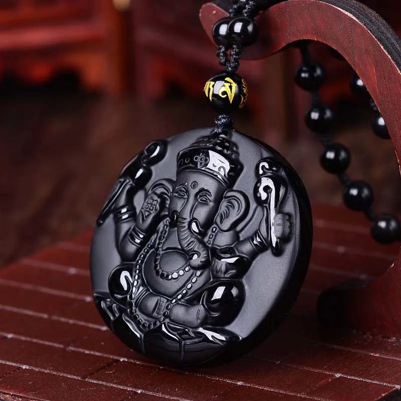 Natural Obsidian Carved Ganesh Hindu Elephant God Necklace