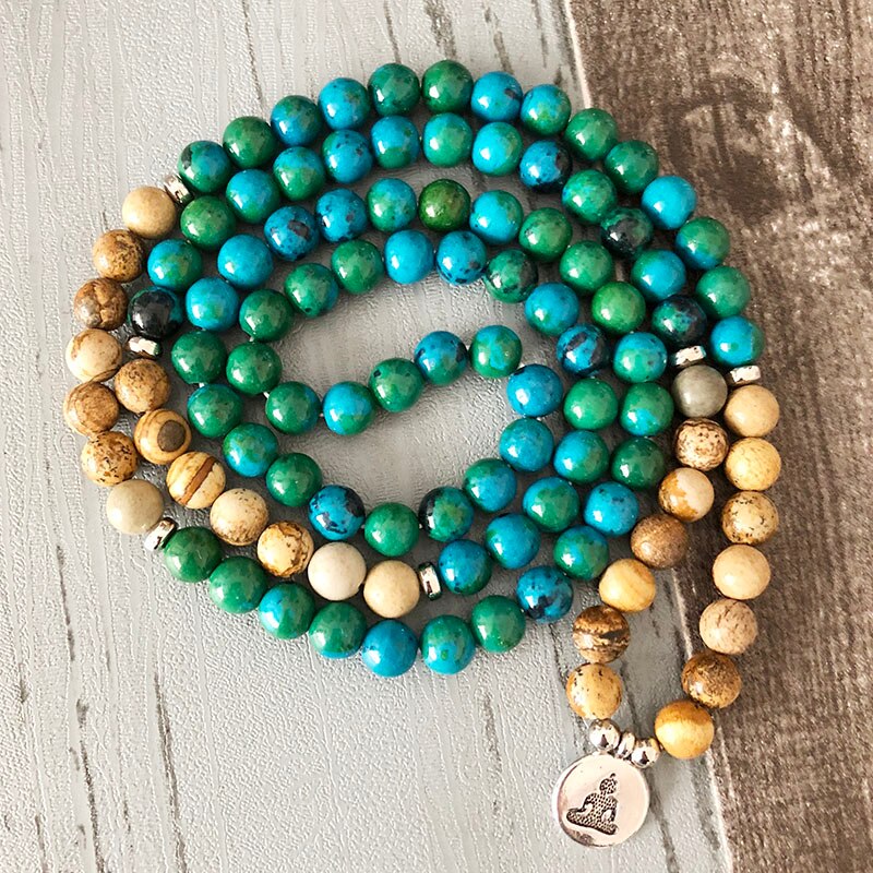Natural Chrysocolla & Jasper 108 Beads Mala Necklace Wrap Bracelet