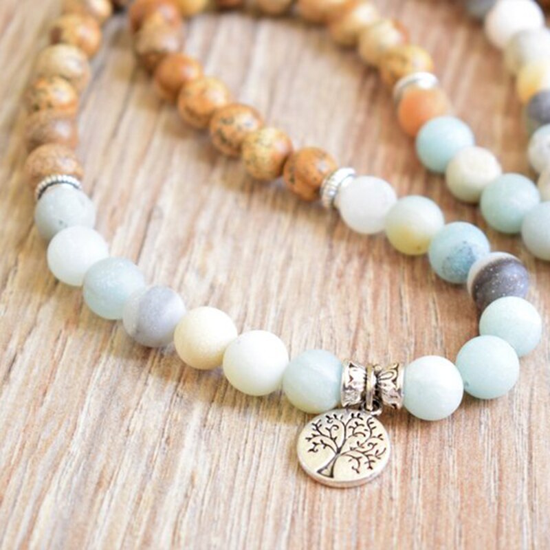 Natural Amazonite & Jasper 108 Beads Mala Necklace Wrap Bracelet