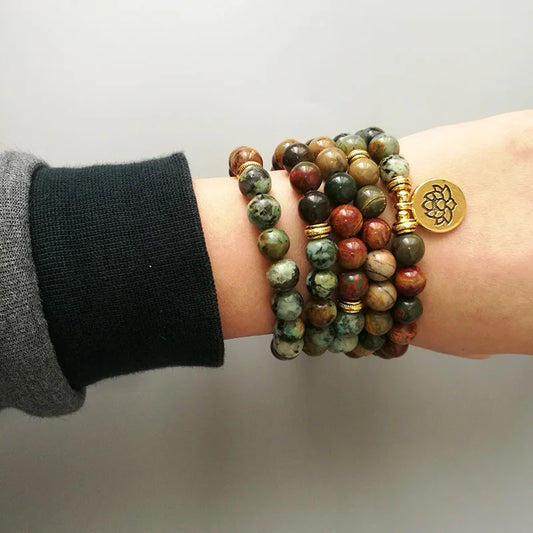 Natural Picasso Jasper & African Turquoise 108 Beads Mala