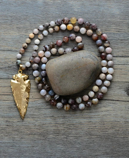 Natural Agate & Gold Plated Arrowhead Pendant Necklace