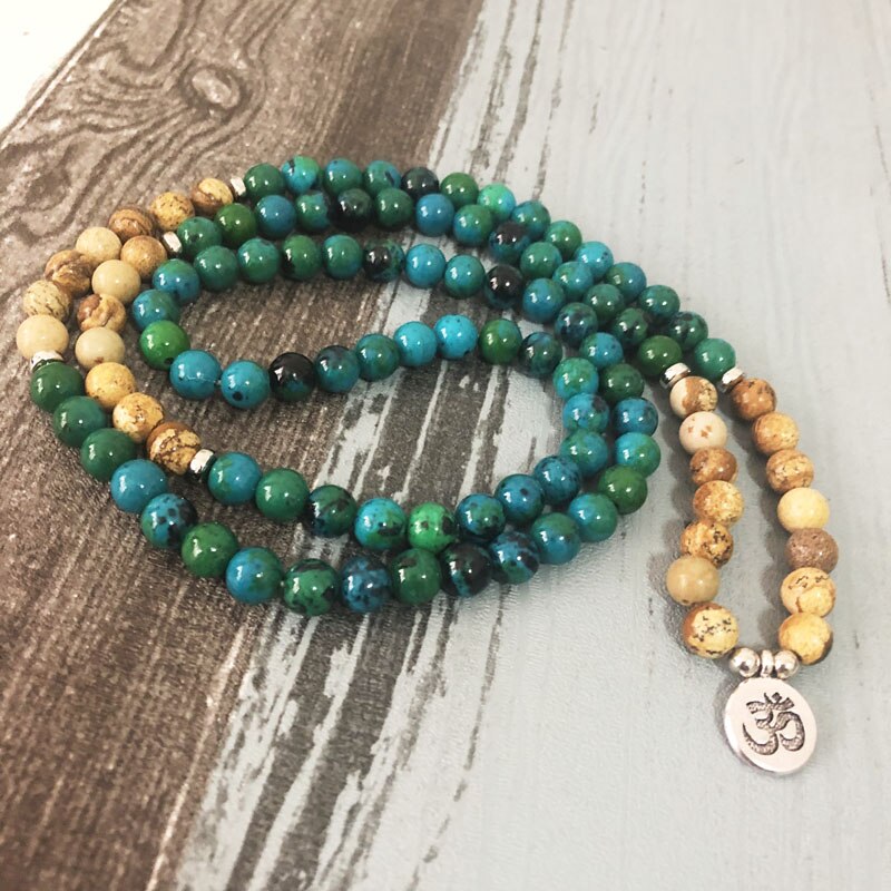 Natural Chrysocolla & Jasper 108 Beads Mala Necklace Wrap Bracelet