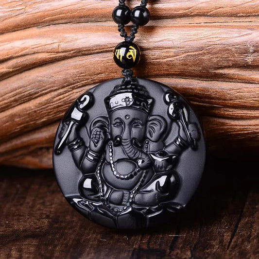 Natural Obsidian Carved Ganesh Hindu Elephant God Necklace