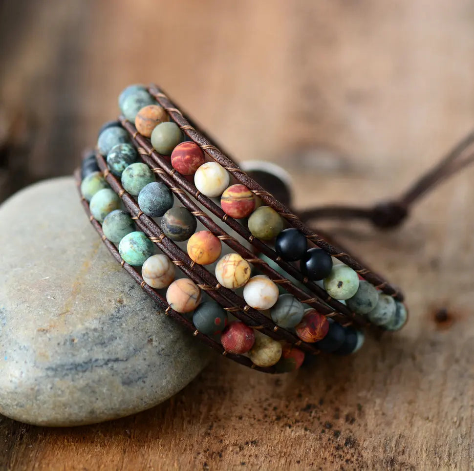 Natural Jasper, African Turquoise & Onyx Wrap Bracelets