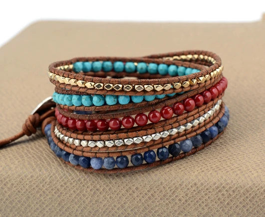 Natural Red Jasper, Turquoise & Sodalite Leather Wrap Bracelet