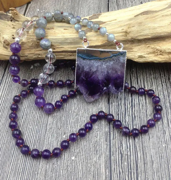 Natural Amethyst, Labradorite, Clear Quartz Druzy Necklace