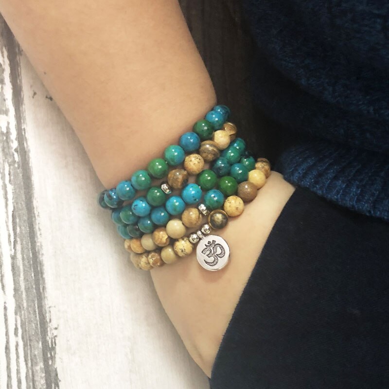 Natural Chrysocolla & Jasper 108 Beads Mala Necklace Wrap Bracelet