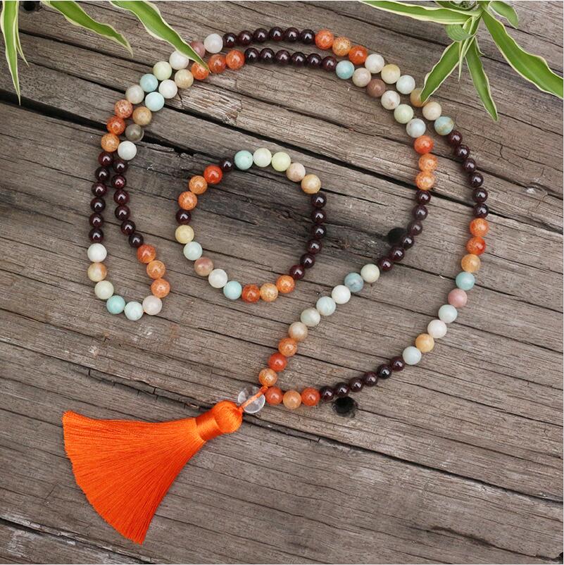 Natural Garnet, Orange Onyx & Amazonite 108 Beads Mala Necklace / Bracelet