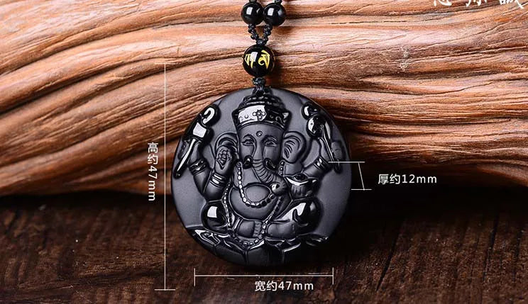 Natural Obsidian Carved Ganesh Hindu Elephant God Necklace