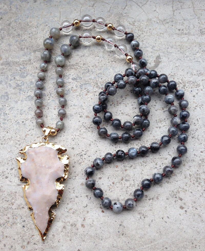 Natural Agate, Clear Quartz, Tiger's Eye, Labradorite & Jasper Arrowhead Pendant Necklace