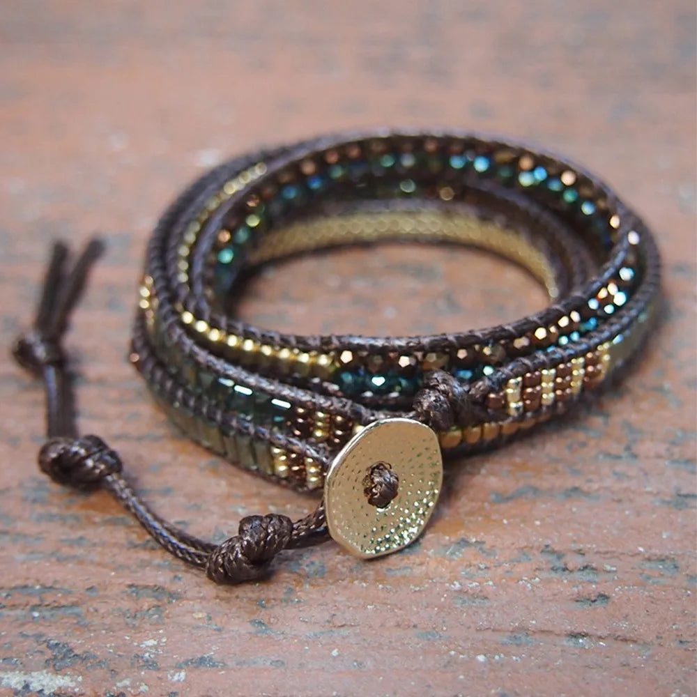 Handmade Brass, Steel & Mixed Crystal Beads Vegan Wrap Bracelet