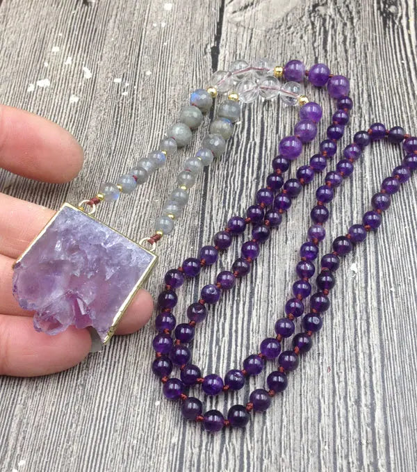 Natural Amethyst, Labradorite, Clear Quartz Druzy Necklace