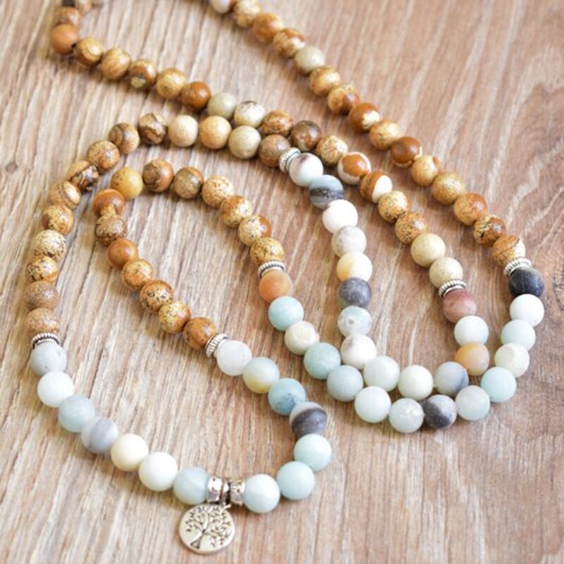 Natural Amazonite & Jasper 108 Beads Mala Necklace Wrap Bracelet