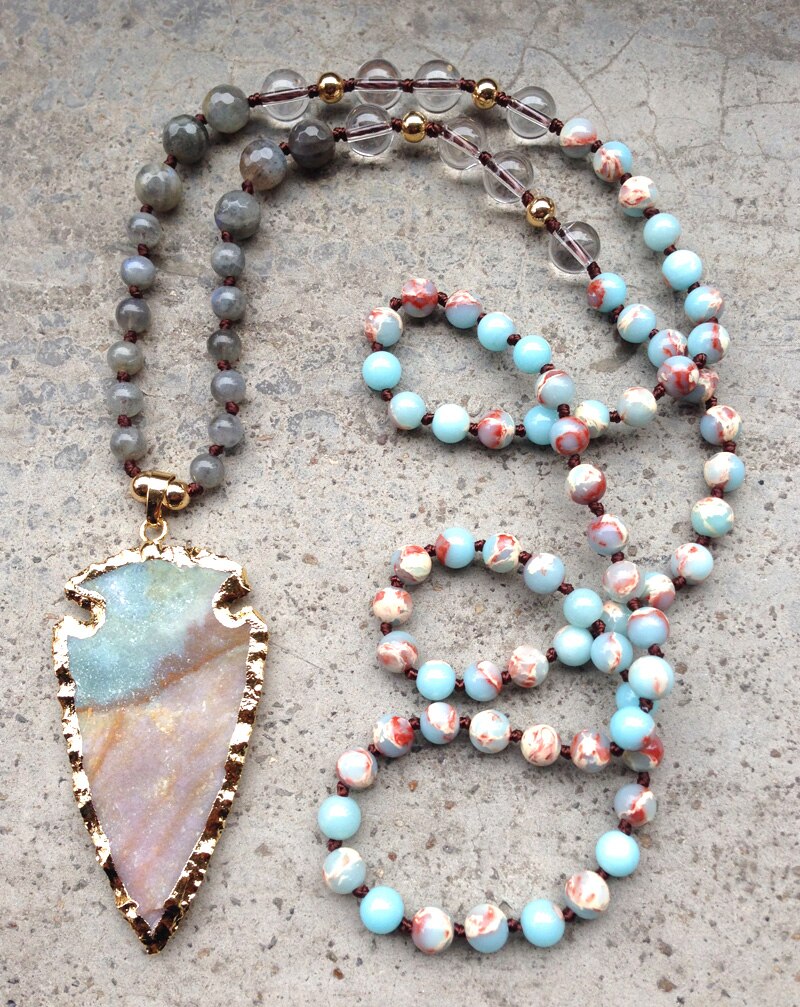 Natural Agate, Clear Quartz, Tiger's Eye, Labradorite & Jasper Arrowhead Pendant Necklace