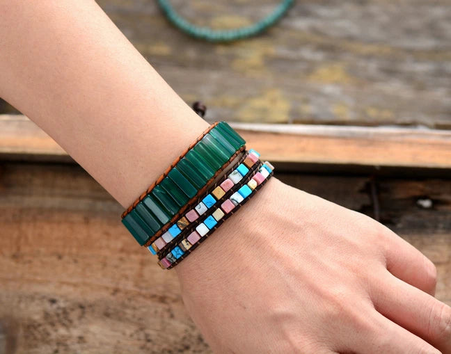 Natural Green Onyx Leather Cuff Wrap Bracelet