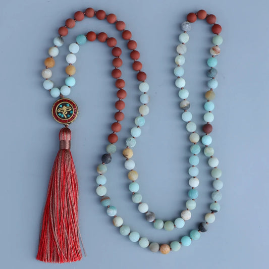 Natural Matte Amazonite & Red Jasper Nepalese 108 Beads Mala